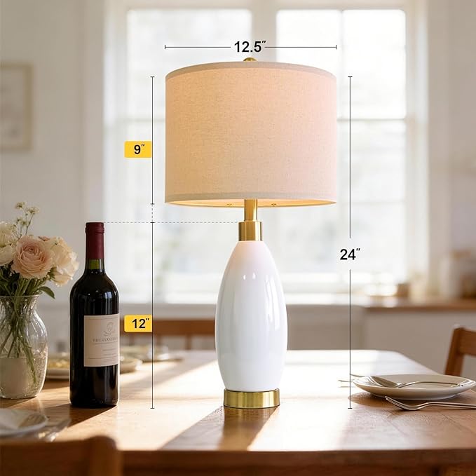 USumkky 24" White Oval Ceramic Table Lamp Set of 2, Modern Minimalist Bedside Nightstand Lamps for Bedroom Living Room, Linen Shade & Gold Metal Base, Rotary Switch E26 (Bulbs Excluded)