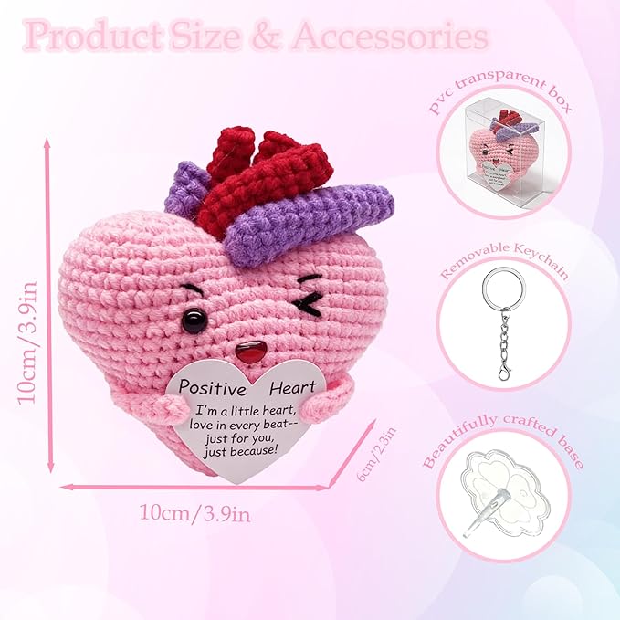 Emotional Support Positive Crochet Heart Handmade Gift and Desk Decor, Encouragement Present for Women Mother's Day Birthday Valentine's Day Galentines Multiple Holidays(Positive Heart)