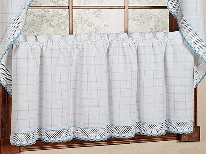 Sweet Home Collection Adirondack Cotton Kitchen Window Curtains Pair, 24" Tier, White/Blue
