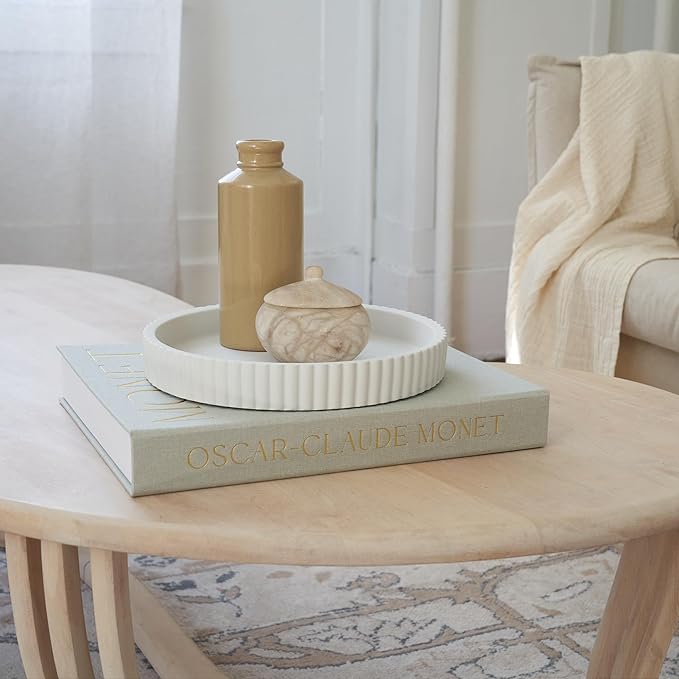 Decorative Concrete Tray & Book Decor Set - Scalloped Tray & Linen Box Enhance Your Coffee Table or Bookshelf Decor - Stylish Home Decoration for Your Living or Dining Room & as a Housewarming Gift
