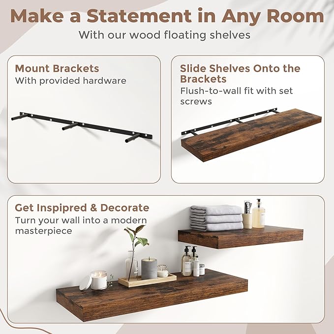 72 Inch Long Floating Shelves for Wall 2 Pack, 12"D Wood Grain Bathroom Shelves with Invisible Brackets, Easy Install Engineered Wood Storage Shelves for Kitchen, Living Room, Bedroom, Rustic Brown