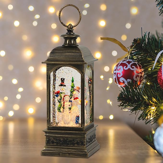 Christmas Snow Globe Swirling Glittering Snowman Scene with Timer & Music, Lighted Water Lantern USB Lined/Battery Operated for Christmas Festival Decoration Gifts - 11.4 inch