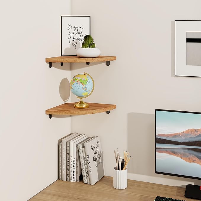 Fun Memories Corner Shelf Wall Mount, Solid Oak Wood Floating Corner Shelves with Cable Hole, 8.5in Rustic Design for Bedroom, Bathroom, Kitchen, Living Room (Natural, 1 Pack)