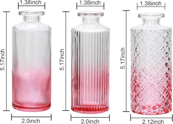 Brajttt Glass Bud Vase Set in Bulk, 9pcs Mini Vintage Flower Vases for Wedding,Pink Relief Vase for Centerpieces,Home Table Flower Decor, Party Decorations