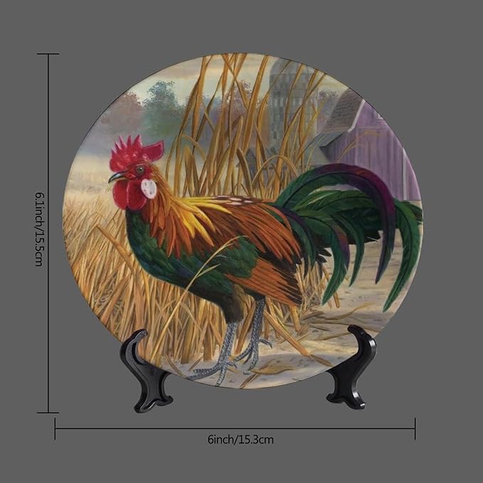 Rooster Decorative Ceramic Plates, 6 Inch, Chicken In Rice Field Round Display Plate, Handmade Ceramic Ornament, Ceramic Craft for Wall Hanging Decorative
