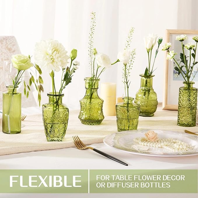 Mini Bud Vases Centerpieces for Tables,Clear Bud Vases for Flowers,Small Flower Vases Suitable for Birthday Party,Anniversary,Wedding Reception,Baby Shower (Green, 12PCS)
