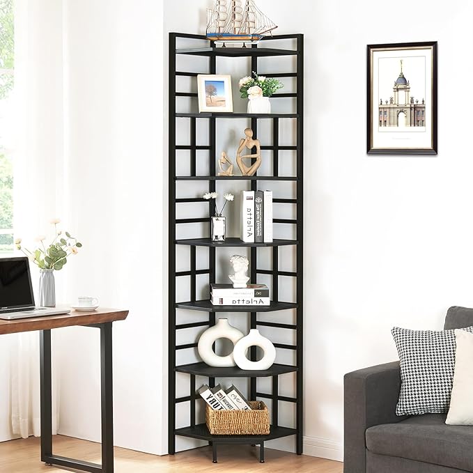 HOMISSUE Corner Shelf, 7 Tier Tall Narrow Bookshelf 82.6", Industrial Corner Bookcase with Storage for Home Office Living Room and Bedroom, Black