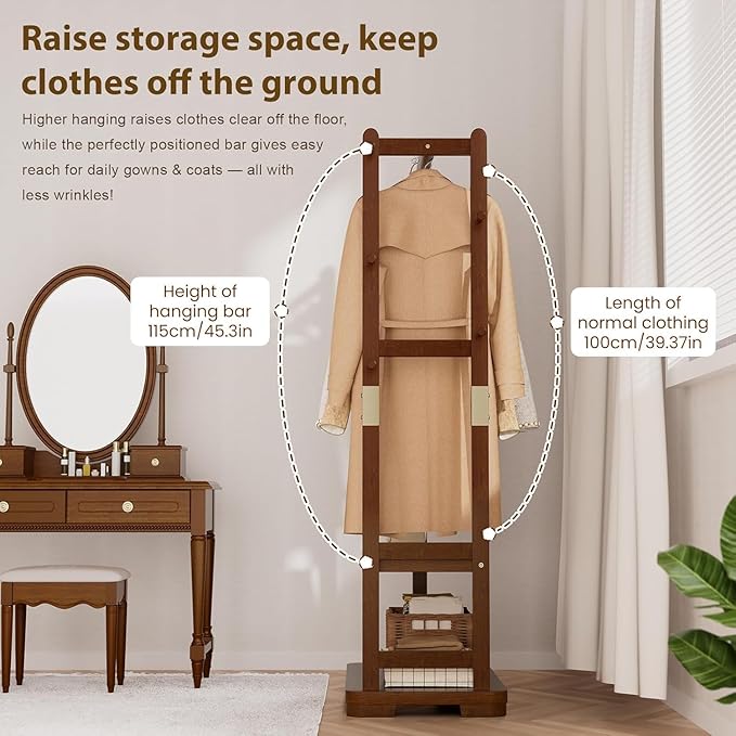 Coat Rack Solid Wood Clothes Rack with 2 Shelves & 4 Hooks for Hanging Clothes Garment Wallets Hats, Clothing Rack Heavy Duty Coat Rack Freestanding with Storage Hall Tree for Hallway Bedroom