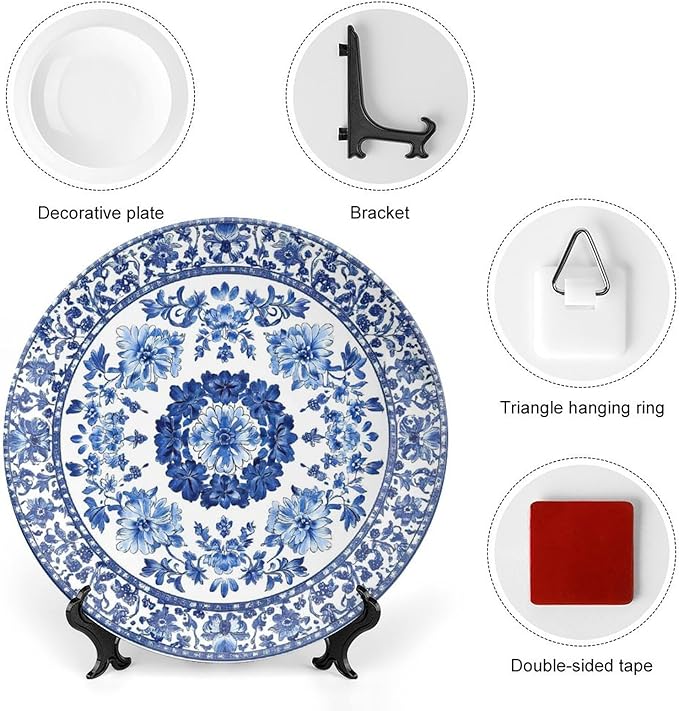 Porcelain Ceramic Decorative Plate, Blue Decorative Dish with Stand, Blue and White Pottery Bone China Decorative Plates Art Porcelain Plate for Living Room Hallway Table Decor
