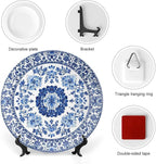 Blue Ceramic Decorative Plate, Blue And White Pottery Decorative Dish with Stand, Chinese Blue And White Porcelain Bone China Decorative Plates Art Porcelain Plate for Living Room Hallway Table Decor