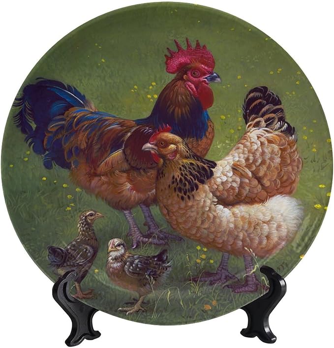 Rooster Decorative Ceramic Plates, 10 Inch, Rooster Chicks Hang Out on The Lawn Round Display Plate, Home Wobble-Plate with Display Stand, for Wall Hanging Living Room Bathroom Decor Gift