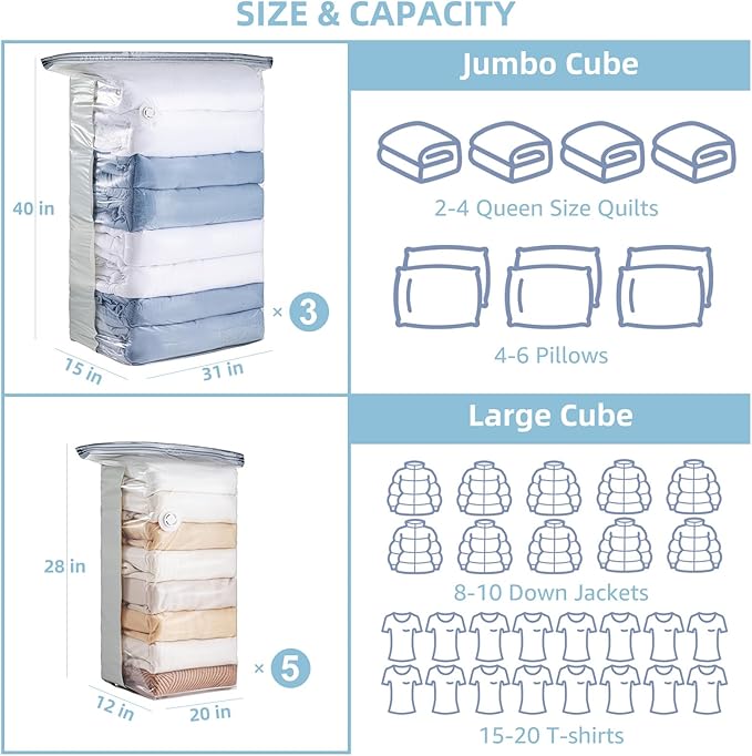 8 Pack Vacuum Storage Bags, Cube Combo (3 Jumbo+5 Medium), Vacuum Seal Bags for Clothing, Bedding, Blanket, Space Saving Closet Organization