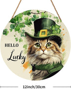 St. Patrick's Day Door Decoration for Home Cat Lucky Shamrock Wreath for Front Door Lucky Clover Cat Hanging Wall Sign Green Wreath Wooden Plaid Plaque for Porch Home Office Farmhouse 12"x12"
