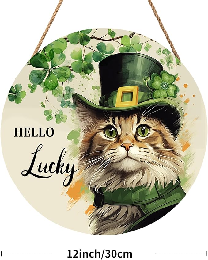 St. Patrick's Day Door Decoration for Home Cat Lucky Shamrock Wreath for Front Door Lucky Clover Cat Hanging Wall Sign Green Wreath Wooden Plaid Plaque for Porch Home Office Farmhouse 12"x12"