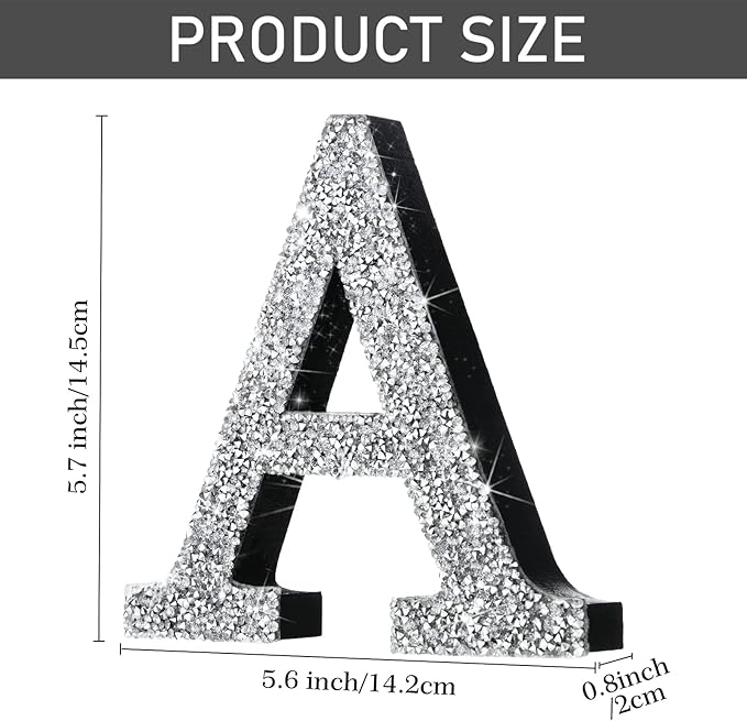 Qunclay 5.7" Silver Crystal Diamond Bling Letters Crushed Diamond Decoration Wooden Glitter Letter with Screw and Hooks Rhinestone Gift for Wedding Y2k Mcbling Bedroom Wall Decor (Letter A)