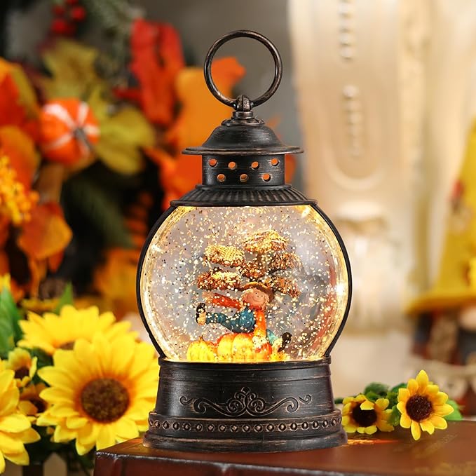 Thanksgiving Decorations Snow Globes, Light Up Snow Globe Lantern with Scarecrow Pumpkin, 6H Timer, USB & Battery Operated Fall Decorations for Autumn Thanksgiving Harvest…