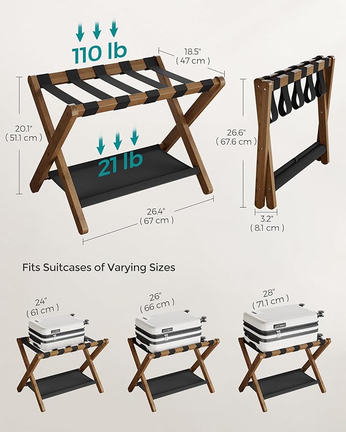 SONGMICS Bamboo Luggage Rack for Guest Room, Set of 2, Folding Suitcase Stand with Fabric Storage Shelf, for Hotel, Bedroom, Heavy-Duty, Holds up to 131 lb, Walnut Brown URLR007D02