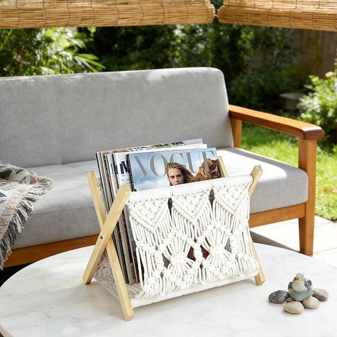 Boho Macrame Magazine Holder,Hand-Woven Magazine Rack for Home Office Desktop, Storage Basket for Letters, Magazines, Books and Newspapers (White)