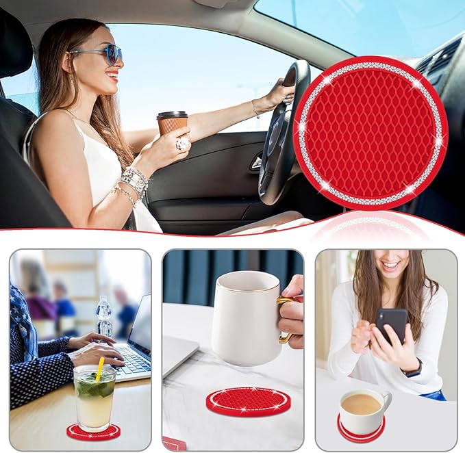 COCASES Car Coasters, 4 Pack Vehicle Bling Car Coaster, Universal Rhinestone Coaster for Cup Holders, Car Interior Accessories Silicone Car Coasters for Women(2.75'' Red, White Crystal Circle)