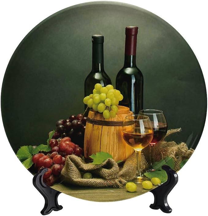 Decorative Plate Holder, 6 Inch, Red Wine Bottle Round Display Plate, Table Top Plate Decor with Stand, for Kitchen Party Coffee Table Decor Art