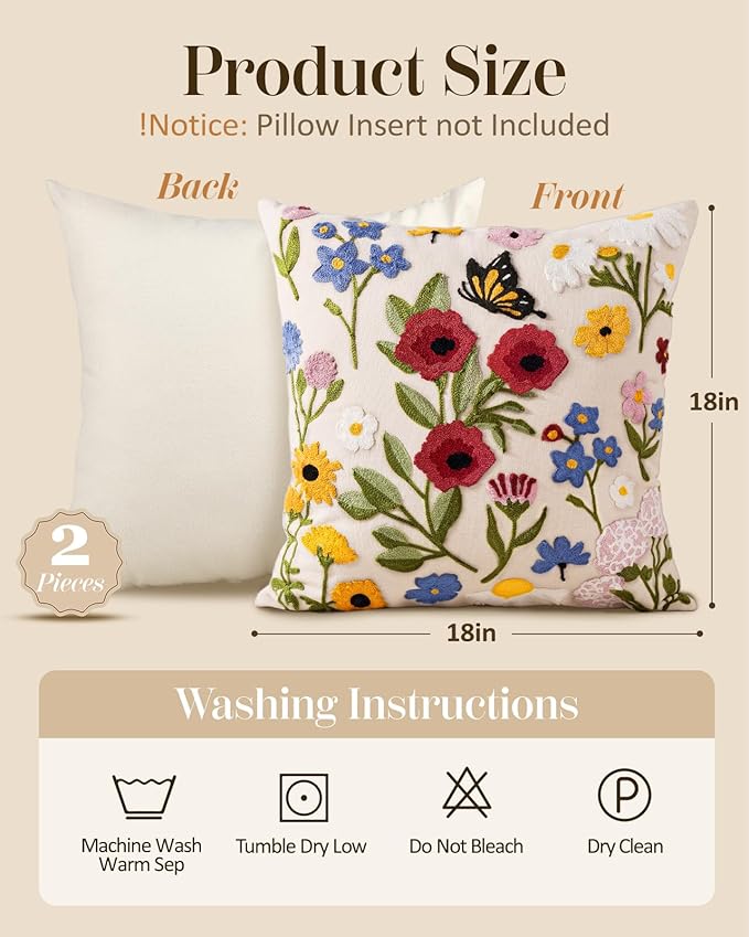Embroidered Throw Pillow Covers 18x18 Inch - Set of 2 Summer Spring Boho Decorative Pillow Covers with Zipper for Living Room Couch Sofa Bed Aesthetic Design Retro Flower Cushion Pillowcases