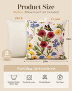 Embroidered Throw Pillow Covers 18x18 Inch - Set of 2 Summer Spring Boho Decorative Pillow Covers with Zipper for Living Room Couch Sofa Bed Aesthetic Design Retro Flower Cushion Pillowcases