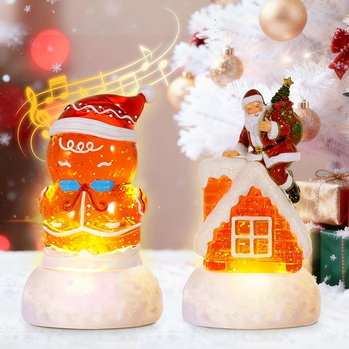 2 Pack Christmas Snow Globes Gingerbread Man and Santa with 8 Songs Music and 6H Timer USB & Battery Powered Snow Water Globe Swirling Glitter for Holiday Decorations Gifts (Gingerbread Man and Santa)