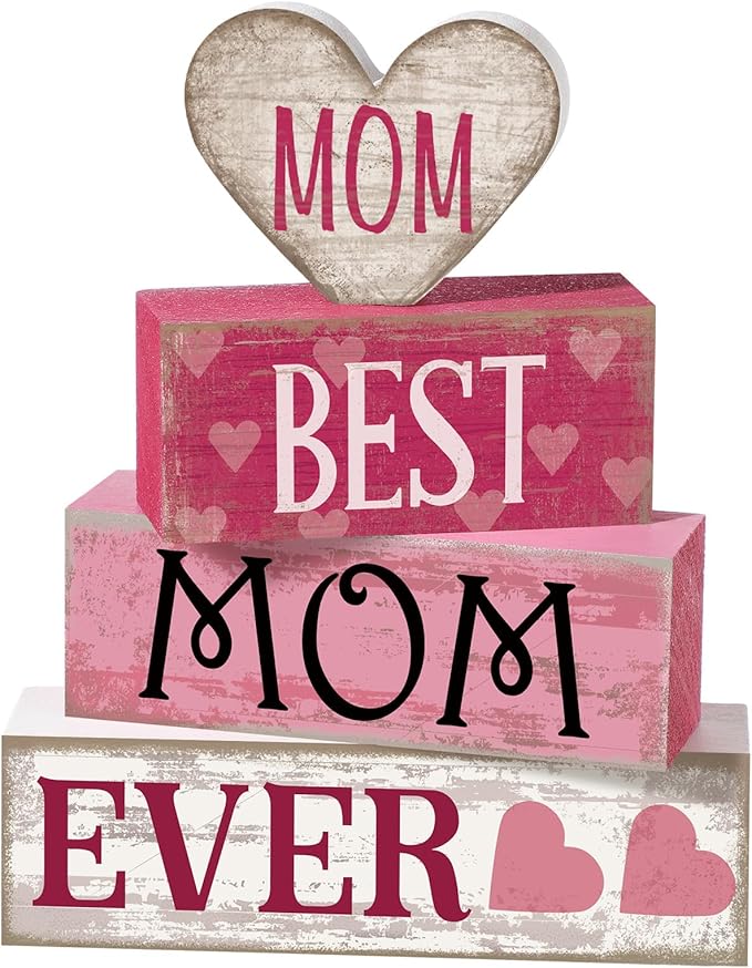 Yuntau 4 Pcs Mothers Day Table Decorations Mothers Day Tiered Tray Decor Mom Wooden Sign Mothers Day Centerpiece Decorative Faux Book Stack Block for Coffee Table Fireplace Mantel Floating Shelf