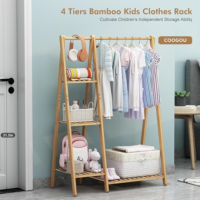 Small Clothes Racks,Kids Clothes Hanging Rack, Bamboo Wood Clothing Garment Rack with Shelves, Free Standing Corner Dress Costume Rack for Small Place,Bedroom,Bathroom, Portable
