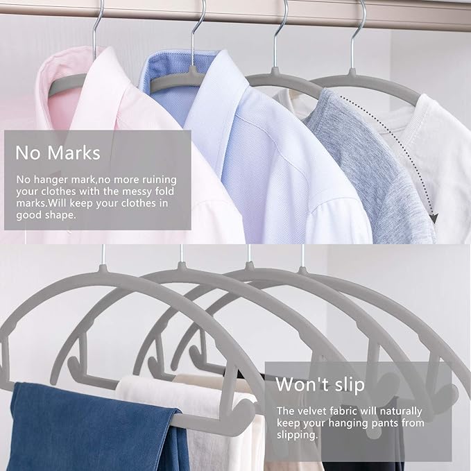 MIZGI Premium Velvet Hangers 50 Pack Heavyduty- Non Slip No Shoulder Bump Suit Hanger - Chrome Hooks,Space Saving Clothes Rounded Shape for Coat,Sweater,Jackets,Pants