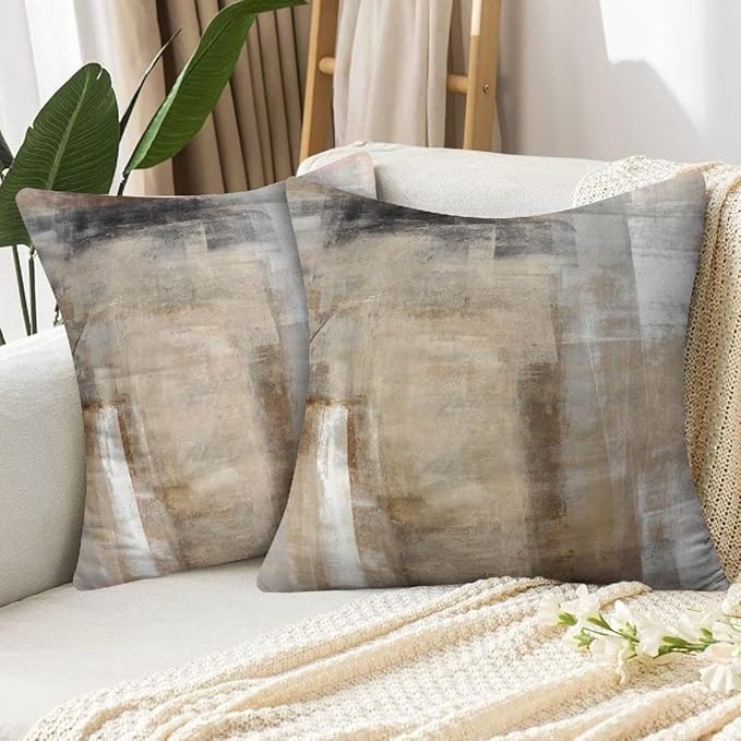 Brown Gray Abstract Art Artwork Pillow Cover, Gallery Modern Decorative Throw Pillows Cushion Cover for Bedroom Sofa Living Room 24 x 24 Inch Set of 2