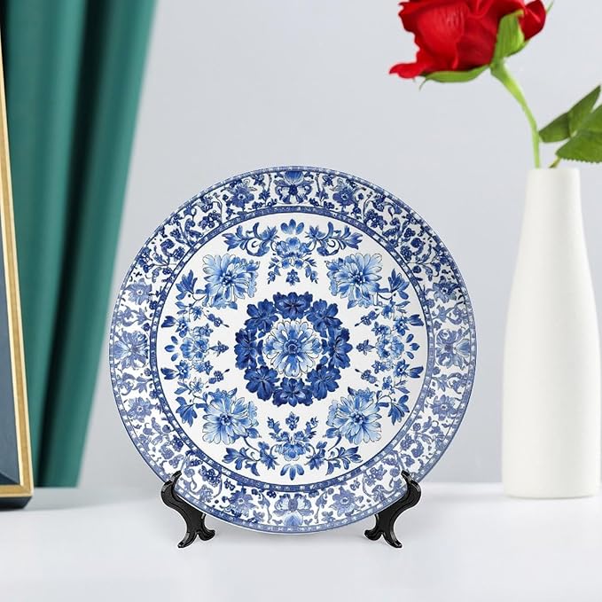 Porcelain Ceramic Decorative Plate, Blue Decorative Dish with Stand, Blue and White Pottery Bone China Decorative Plates Art Porcelain Plate for Living Room Hallway Table Decor