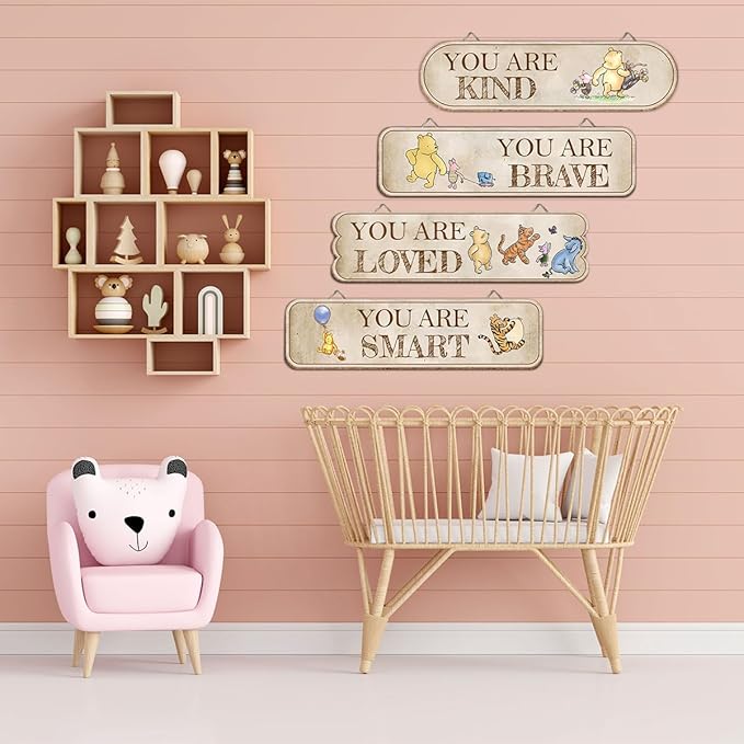 Hatzelou 4PCS Classic Winnie Baby Room Decor, Pooh Nursery Decor, the Pooh Wall Decor Sign Gifts, You Are Kind Brave Inspirational Quotes, Adorable Winnie Sign for Home Bedroom Nursery