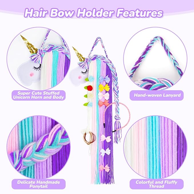 Basumee Unicorn Hair Bow Holder for Girls Wall Hanging Decor and Baby Hair Clip Hanger Organizer, Cyan Lavender