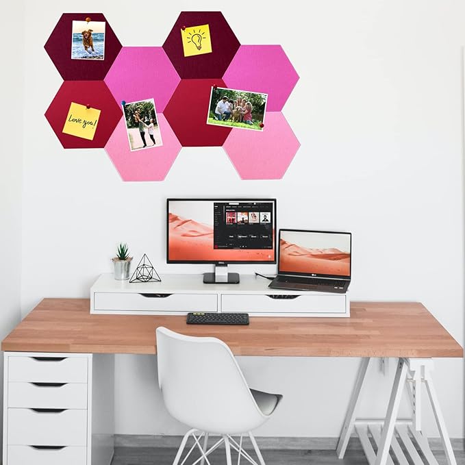 8Pcs Hexagon Felt Cork Board Tiles, Self Adhesive DIY Bulletin Board Pin Board for Office School Home Wall Decor Stickers Memos Photos Display (Gradual Red)