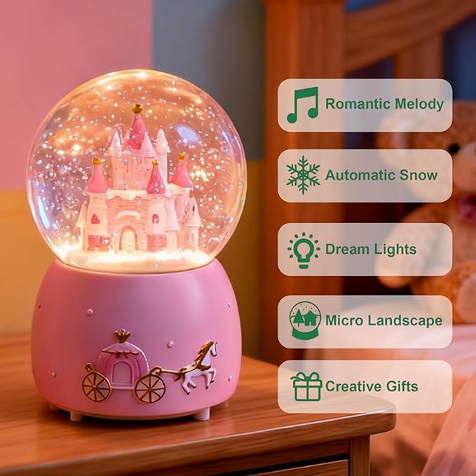 Pink Castle Snow Globes, Girls Music Snowglobes with LED 7 Colors Lights, Automatic Snow Fall Effect, Home Decor for Kids Room Essentials, Gifts for Birthday Christmas Valentines Mother's Day (Pink)