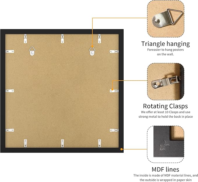 16x16 Picture Frame 3 Pack - Black Poster Frame Display Pictures 12x12 with Mat or 16 x 16 Without Mat for Wall Hanging Horizontal and Vertical