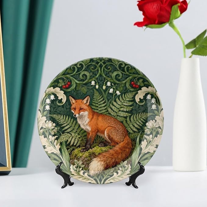 Christmas Plates Ceramic for Display Art Nouveau William Morris Fox in Floral Jungle Wedding Club Supplies Ceramic Ornaments Dessert Plates with Display Stand Custom Gifts for Women, 6", 7", 8", 10"