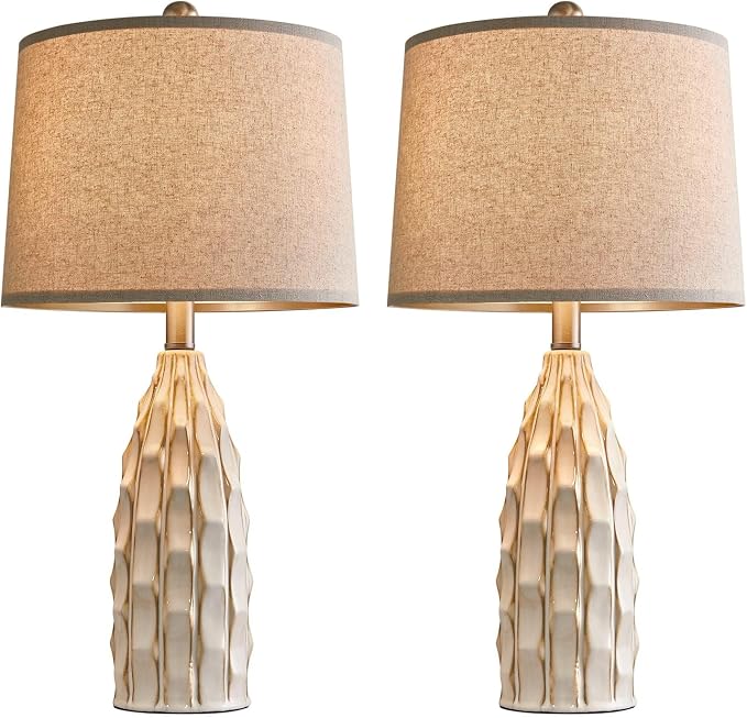 USumkky Ceramic Table Lamps Set of 2, 23.75" Modern Farmhouse Bedside Lamp - Cream Nightstand Lamps for Bedroom, Boho Living Room End Tables, Small Office Desk Lamp Decor