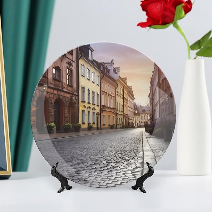 Poland's Historic Center Street Bone China Decorative Plate for Home Decor, Round Ceramic Decorative Dish with Stand Hook, Wall Hanging Ornament Plates for Office, Porcelain Plates 10inch