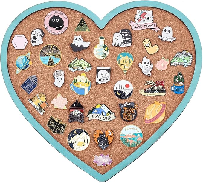BENECREAT Light Sky Blue Heart Pin Cork Board, 10.6x11.8inch Bulletin Display Board Wall Mounted Cork Board for Brooch Pin Storage Display, Office Home and School Decor