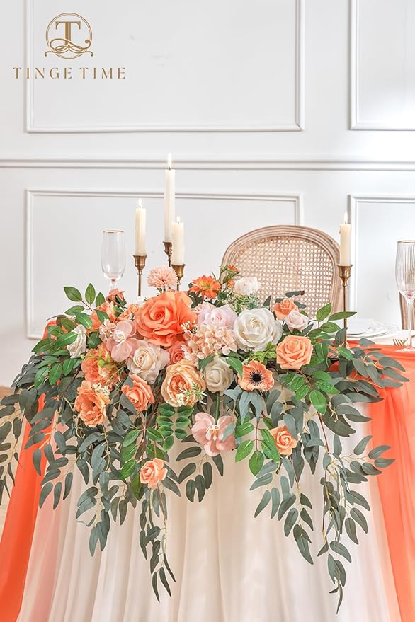 TINGE TIME Artificial Sweetheart Flower Swag with Table Cloth and Table Runner, Pack of 3 Floral Arrangement for Wedding Sweetheart Table Centerpiece Decoration (CoralPink&Champagne)