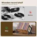 YATINEY Vinyl Record Holder, Record Storage Rack Holds 80-100 LP，Wooden and Metal Record Organizer, Quick Assembly Magazine Holder for CDs, Magazine, Albums, Rustic Brown and Black CJ06BR