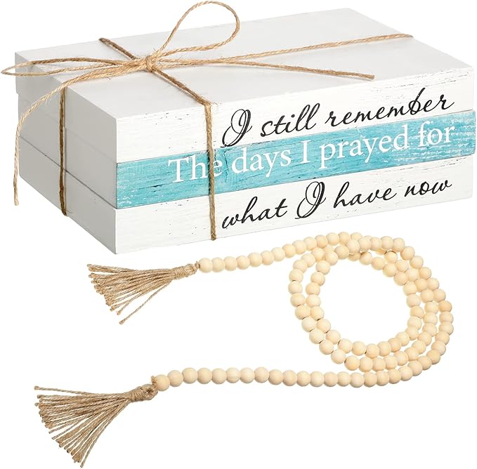 Jetec 3 Pcs Decorative Display Books Hardcover White Home Decor Coffee Table Faux Farmhouse Stacked Fake Decorative Books with Wood Bead Tassels for Shelves Kitchen, 58 Inch, I Still Remember