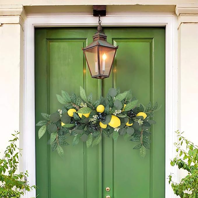 TITA-DONG 30in Floral Swag, Decorative Swags with Lemons & Eucalyptus Leaves, Artificial Spring Swag for Wedding Arch Front Door Wall Home Decor
