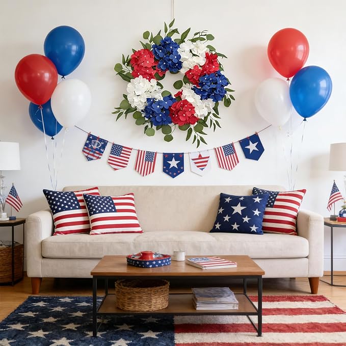 Patriotic Wreaths for Front Door 24 Inch 4th of July Wreath, Red White Blue Flower Wreaths, Perfect Memorial Day and Independence Day Decor