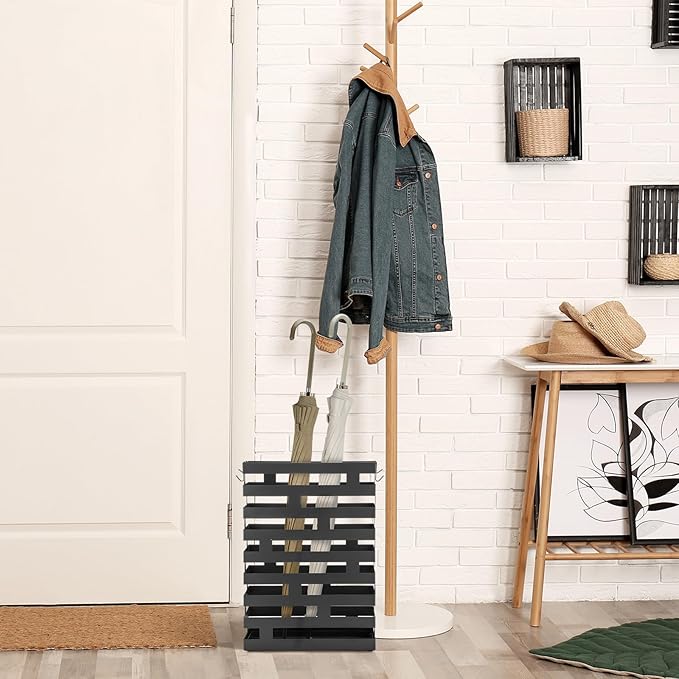 Tudomro Umbrella Stands for Entryway Large Metal Umbrella Holder 3.94 x 11.81 x 16.93 Inches with Removable Water Tray and Hooks Decor Freestanding Rectangular Hollow Rack for Home Office (Black)