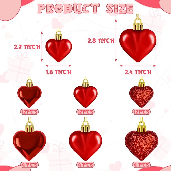 48PCS Heart Shaped Ornaments, Red Heart Shaped Ornaments, Valentines Heart Hanging Ornaments in 2 Sizes, Glossy Heart Baubles for Valentines Wedding Christmas Tree Party Decorations