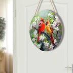 Harooni Spring Summer Birds Welcome Door Sign for Front Door Decor,Spring Pink Floral Round Wood Hanger Wreath for Outside Farmhouse Wooden Wreath for Porch Wall Hanging Sign Plaque Decoration 12"x12"