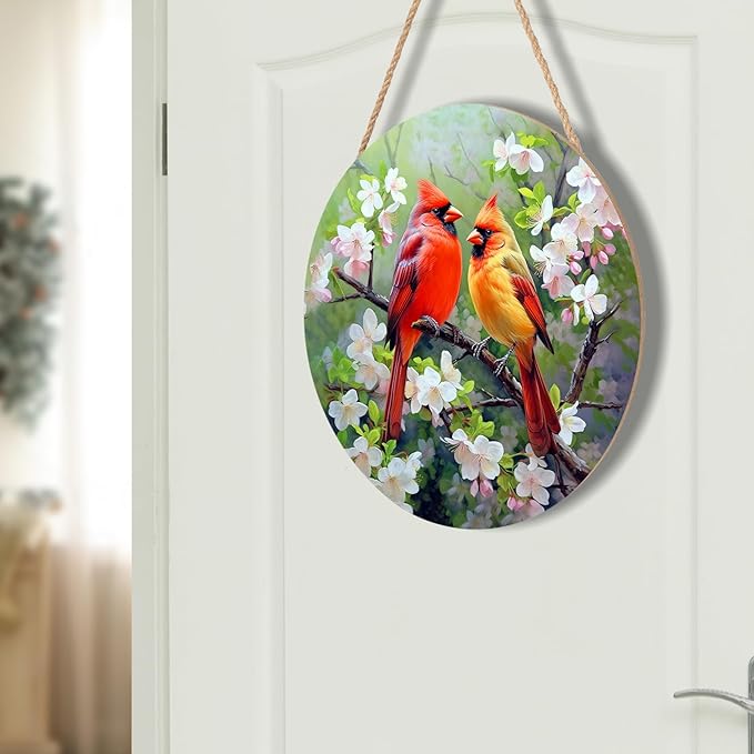 Harooni Spring Summer Birds Welcome Door Sign for Front Door Decor,Spring Pink Floral Round Wood Hanger Wreath for Outside Farmhouse Wooden Wreath for Porch Wall Hanging Sign Plaque Decoration 12"x12"